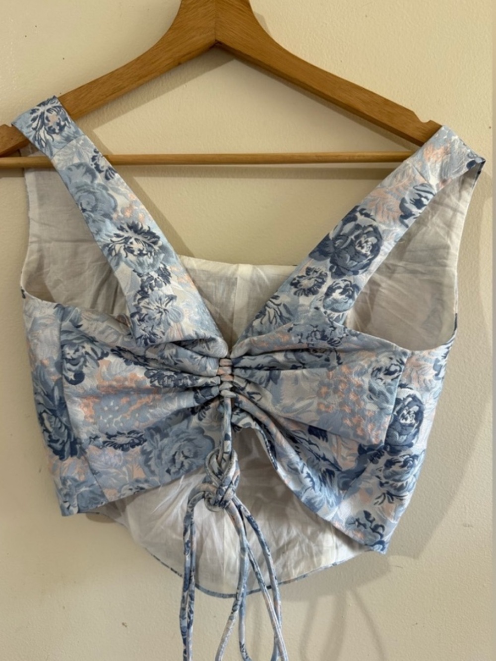 Blue Floral Ruched Tie-Back Corset Crop Top
